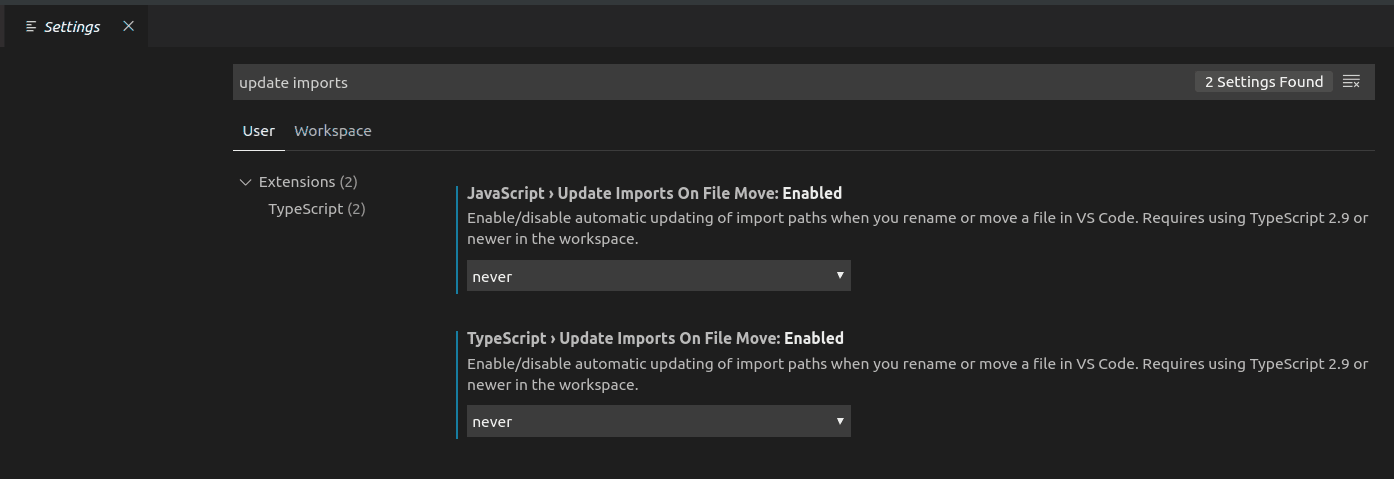 update imports on file move set to never